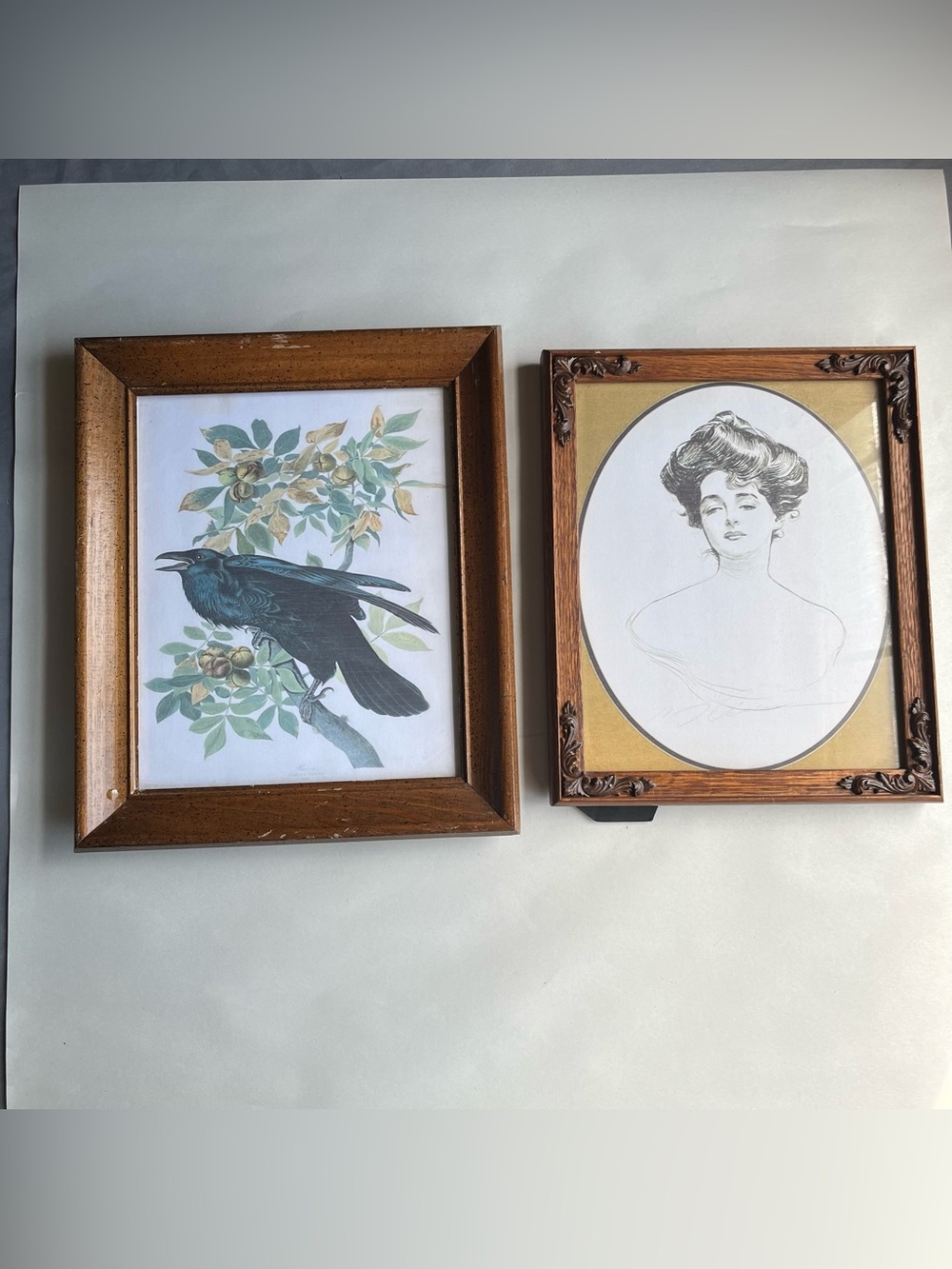 Vintage Medium Tone Wood Picture Photo Frames w/ Fine Art Prints-Set of 2
